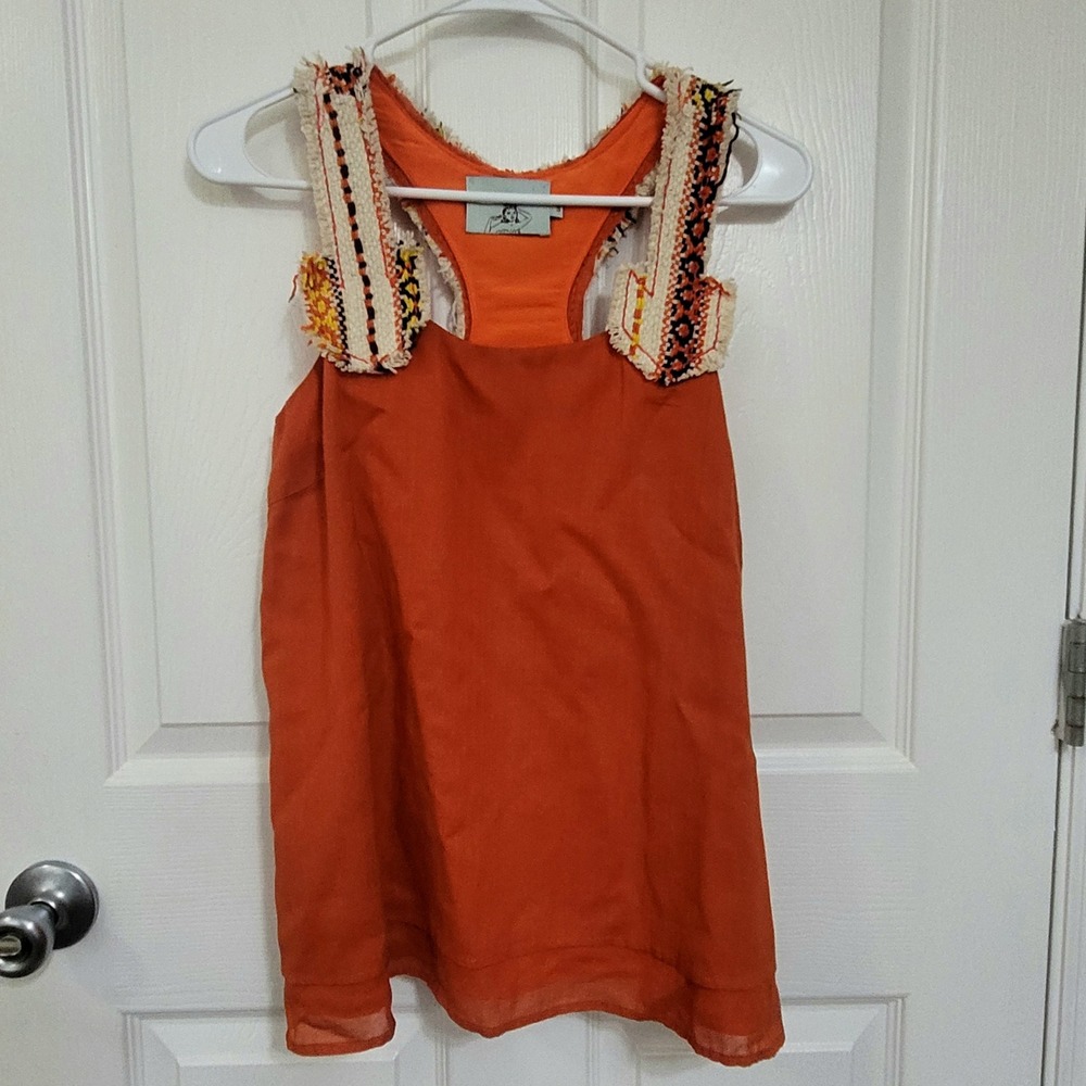 Judith March Orange Racerback Tank Top Embroidered Fringe Trim Small